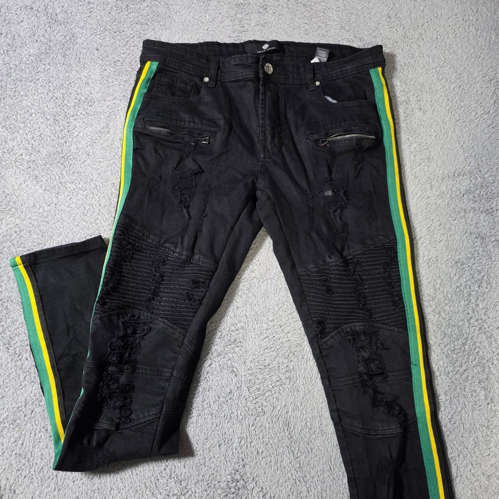 Focus Jeans Mens 36x34 Moto Biker Slim Black Distressed Green Yellow Side Stripe
